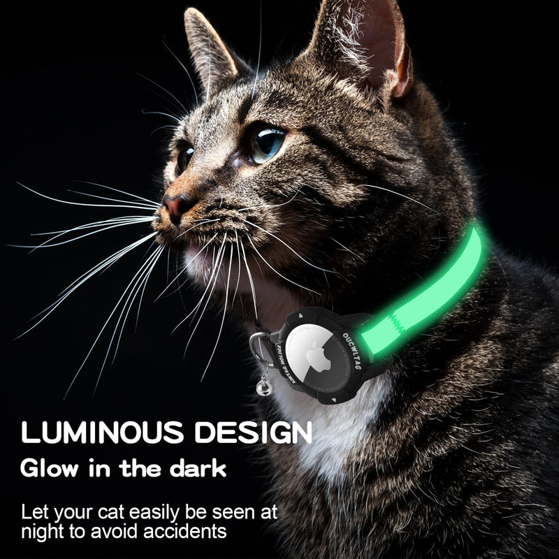 Luminous Airtag Cat Collar, Kitten Collar with Apple Airtag Case, Adjustable Airtag Collar Cat with Safety Clasp & Elastic (Black, (Cats and Puppies 23-33cm)) Black (Cats and Puppies 23-33cm) - BeesActive Australia