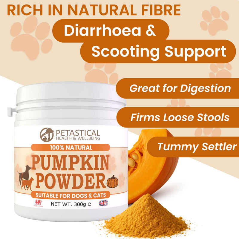 Pumpkin Powder for Dogs & Cats, 100% Natural Fibre Food Topper and Tasty Treat Rich in Prebiotics for Digestive Gut Health, Loose Stools, Made in UK (300g)