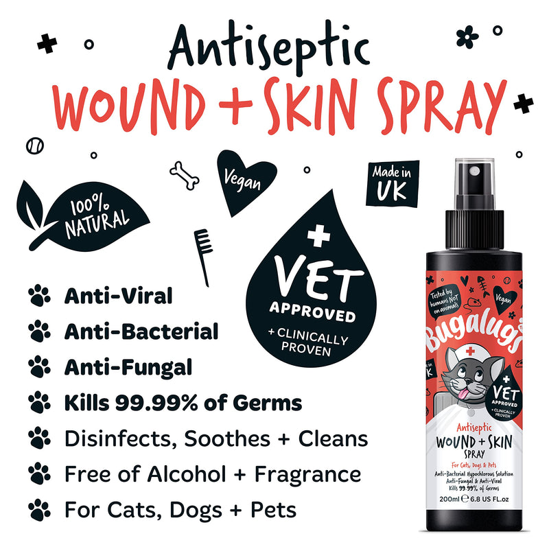 BUGALUGS Cat Wound & Skin Antiseptic spray 200ml - Antibacterial, Antiviral, Antifungal spray for itchy cat skin relief - Hypochlorous acid essential first aid kit for Cats and Pets Cat 200ml