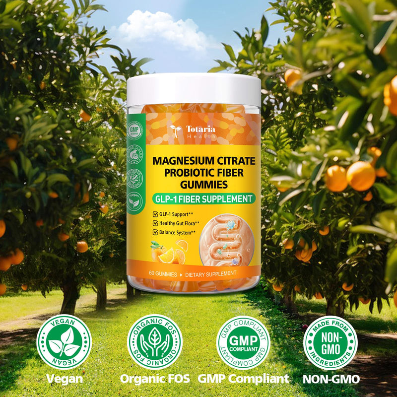 Orange Probiotic Fiber Gummies for Adults Teens, 60 Soluble Fiber Gummies | Fiber Supplement w/ Apple Cider Vinegar, Magnesium Citrate, FOS, Bacillus Coagulans, Inulin, Acacia for Digestion & Gut