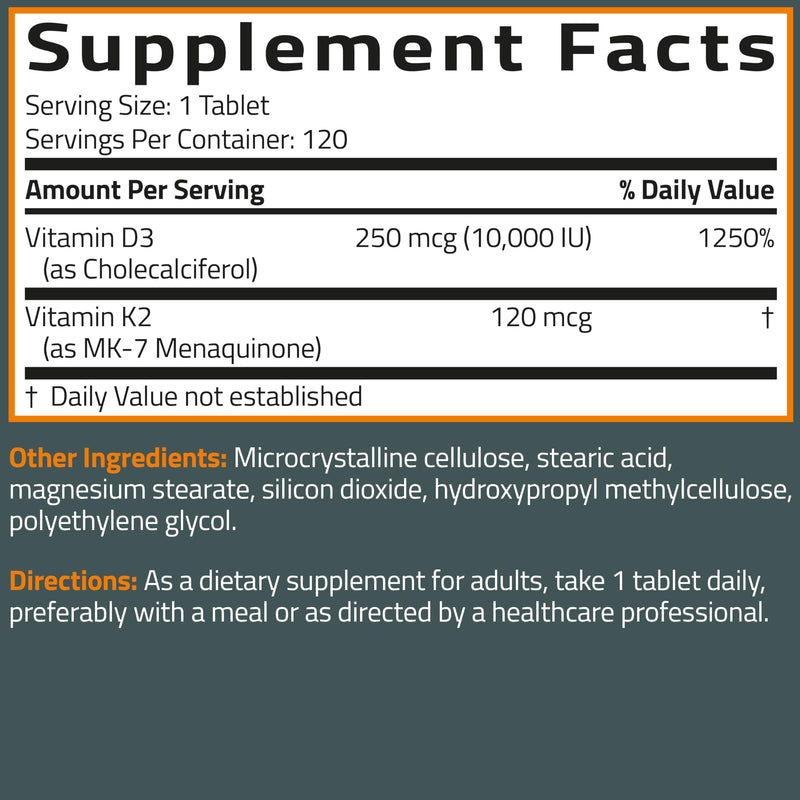 Bronson Vitamin K2 MK-7 + D3 10,000 IU Extra Strength, 120 Tablets | 120 mcg Vitamin K2 as MK-7 per Tablet, Bone Health Support, Non-GMO, Gluten-Free & Soy-Free 120 Count (Pack of 1)