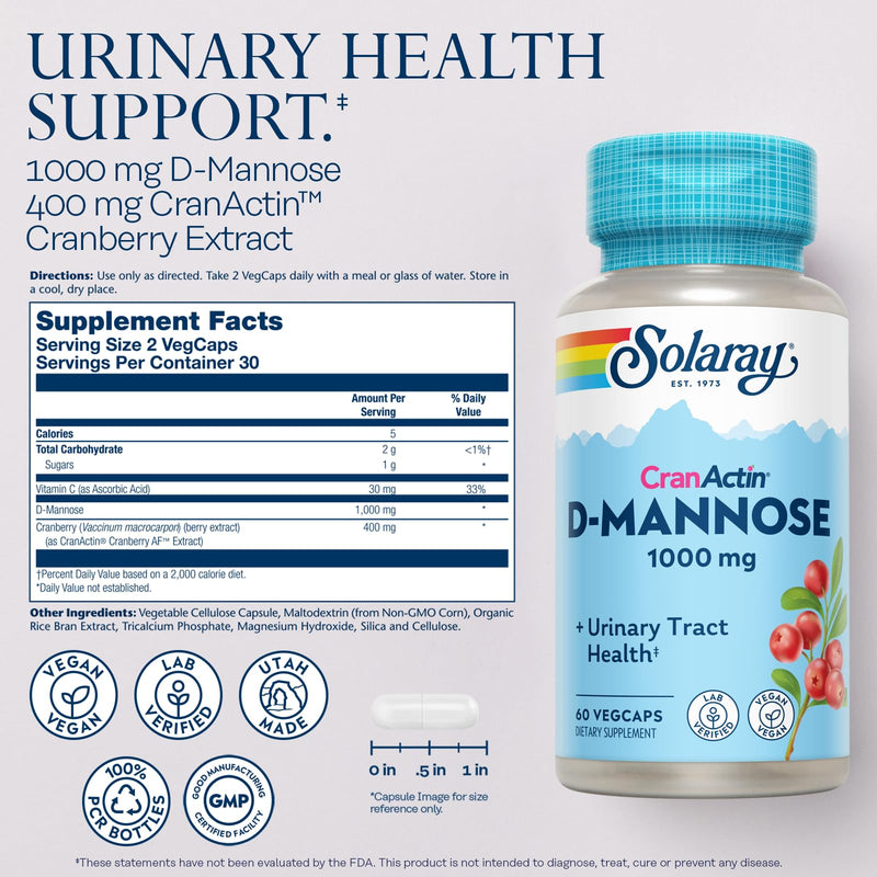 SOLARAY D-Mannose with CranActin Cranberry Supplement 400mg, Urinary Tract Health & Bladder Support Capsules with Vitamin C for Immune Function, Vegan, 60 Day Guarantee, 30 Servings, 60 VegCaps 60 Count (Pack of 1) - BeesActive Australia