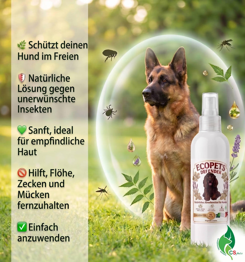 Ecopets Defender CS pets Natural Pesticide for Dogs - 100% Made in Italy with Essential Oils and Botanical Extracts - Protection against Fleas, Ticks, Mosquitoes and Flies - Gentle and Daily Use
