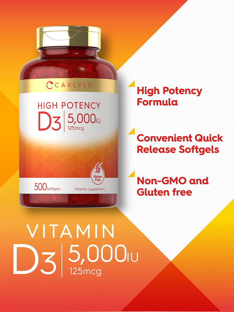 Carlyle Vitamin D3 5000 IU Softgels | 500 Count | Value Size | Non-GMO and Gluten Free Supplement | High Potency Formula | 125mcg 500 Count (Pack of 1) - BeesActive Australia