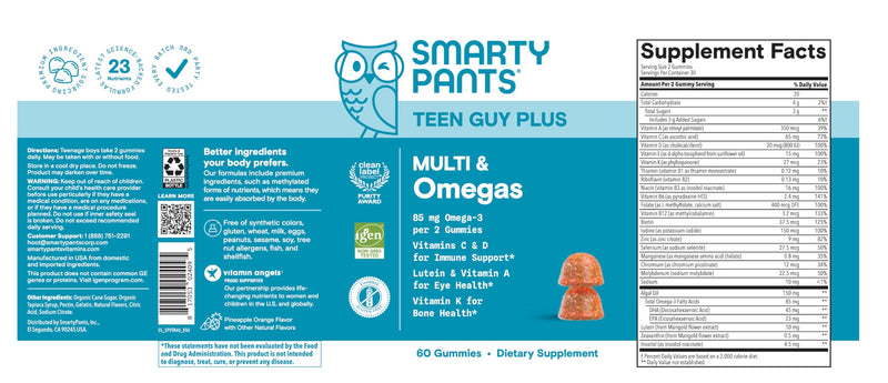 SmartyPants Teen Guy Multivitamin Gummies - Improved Formula: Omega 3 (DHA/EPA), Vitamin D3, C, Vitamin B12, B6, A, K & Zinc, Folate, Gluten Free, Fruit Flavor, 60 Count (30 Day Supply) New Formula - BeesActive Australia