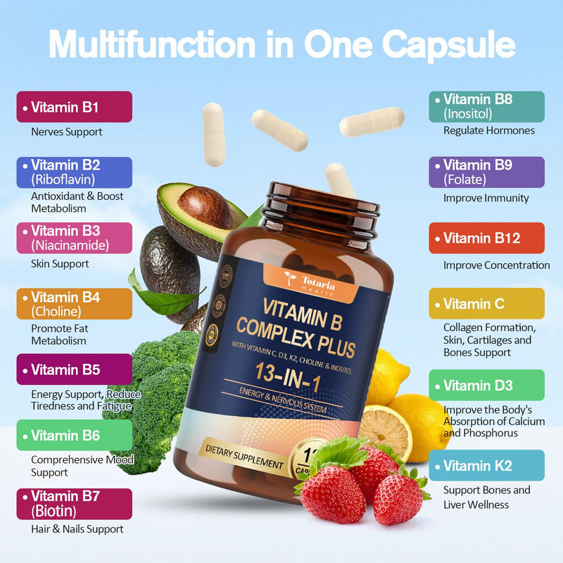 13-in-1 Vitamin B Complex Plus with Vitamin B1, B2, B3 (Niacinamide), B4, B5, B6, B7 (Biotin), B8 (Inositol), B9 (Folate), B12, C, D3, K2 - Energy, Nerve, Immune, Skin Support - 120 Vegan Capsules 1