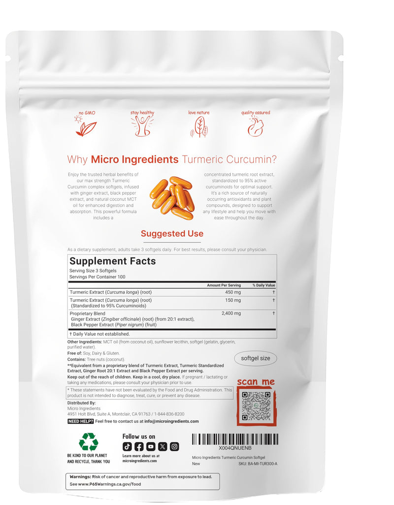 Turmeric Curcumin Supplement with Black Pepper & Ginger 3,000mg, 300 MCT Oil Softgels | 95% Curcuminoids | High Absorption | Healthy Joint Support for Men & Women* | Non-GMO