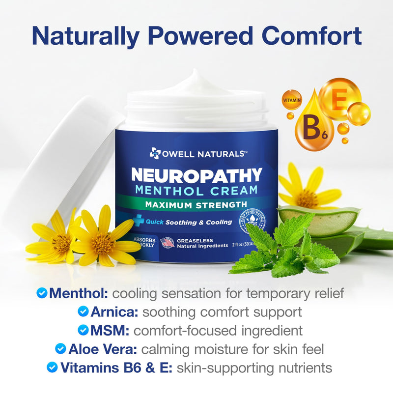 Owell Naturals Neuropathy Cream Extra Strength – Fast Absorbing Cooling for Leg, Feet & Hands – Advanced Soothing Formula with Aloe Vera, Arnica, MSM & Vitamin B6 – Made in USA, 4 fl oz 4 Fl Oz (Pack of 2) - BeesActive Australia