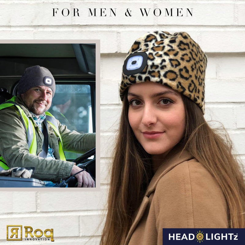 HEAD LIGHTZ by ROQ Innovation - Fleece Beanie Hat with LED Light - Cap for Winter Safety, Unisex Fits Men, Women, Kids Headlamp for Dog Walking Leopard