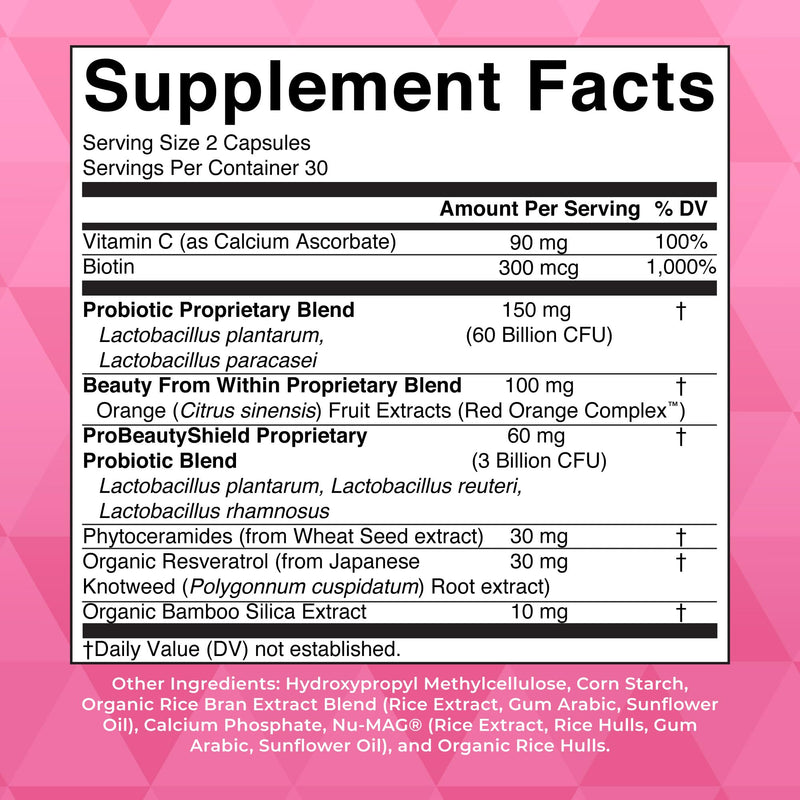 MARYRUTH'S Probiotic Beauty Capsules, Gut Health, Vegan Collagen Support | Red Orange Complex & Ceramosides, Anti Aging, Hair Skin and Nails Vitamins 60 Count (Pack of 1)