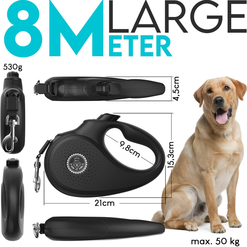 DOG IS KING® retractable dog leash 8m for small & large dogs | High-quality extendable dog leash with comfortable handle Robust extension line | up to 50kg L | 8m | up to 50kg night black - BeesActive Australia
