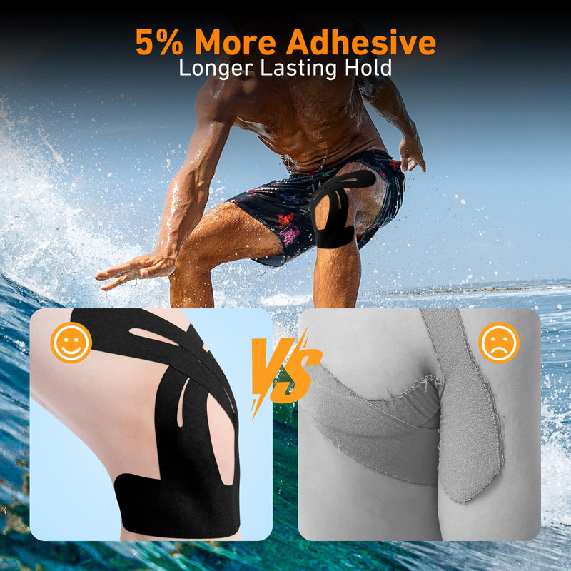 PreCut Kinesiology Tape for Knees, KTQUICK 12 PCS 5% Extra Adhesive Knee Tape for Knee Pain Relief Pre Cut, Anatomical for Maximum Hold, Waterproof&Hypoallergenic Cotton Latex-Free for Sports (Black) 12PCS Black - BeesActive Australia