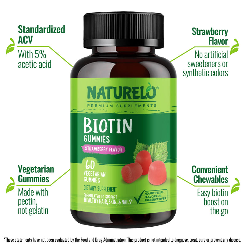 NATURELO Biotin Gummies - Supports Healthy Hair, Skin & Nails - High Potency 2500 mcg - Non GMO, Gluten Free - 60 Gummies 60 Count (Pack of 1)