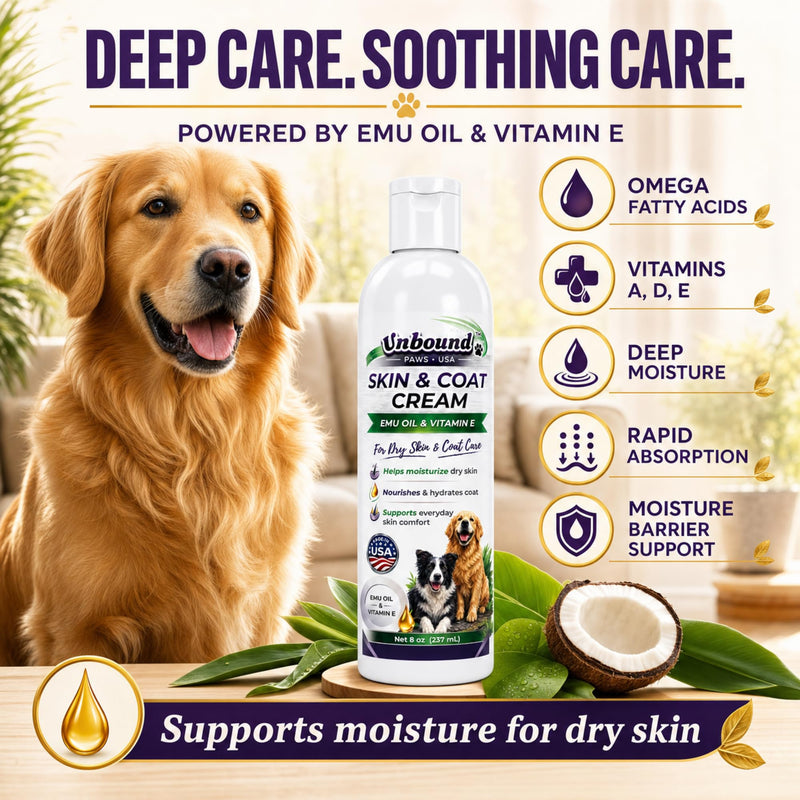 Dry Dog Skin & Coat Cream - Soothing Moisturizer for Dogs & Cats - Deep Hydration with Emu Oil & Vitamin E - 8 oz