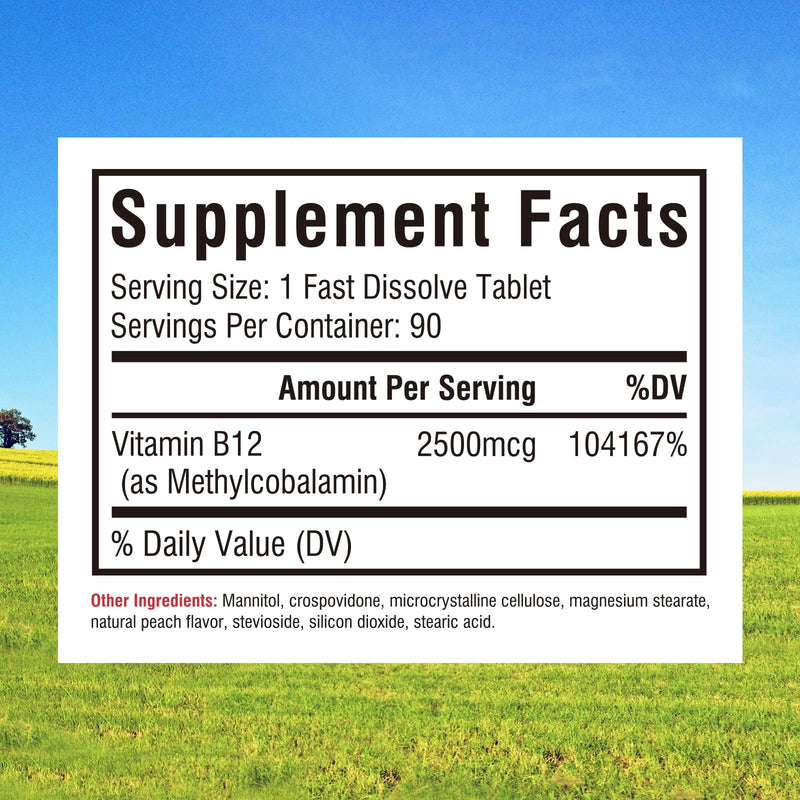 Innate Vitality Vitamin B12 2500mcg, Sublingual Methylcobalamin, Extra Strength for Energy Metabolism, Mental Clarity, Nervous System Health, Peach Flavor, Zero Sugar, 90 Fast Dissolve Tablets 90 Count (Pack of 1)