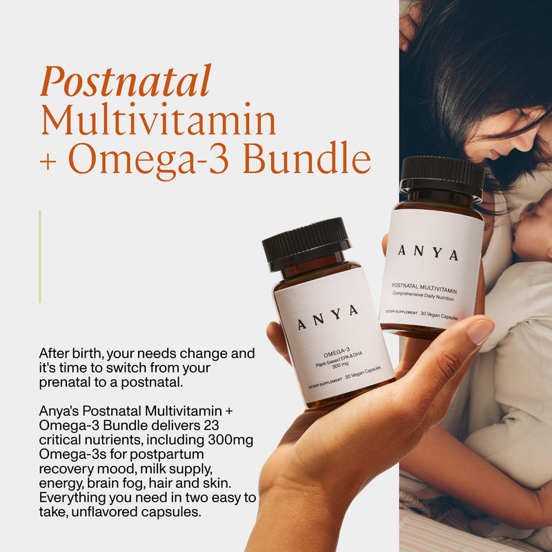 ANYA Postnatal Vitamin Bundle, Multivitamin for Postpartum, Vegan | Multivitamin with vitamins C, D, B12, zinc, omega-3 DHA & EPA. Vegan, non-GMO, gluten-free formula 1 Count (Pack of 2)