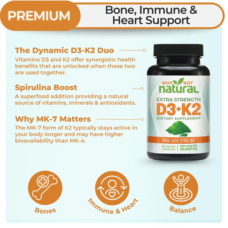 Why Not Natural Vitamin D3 K2 (MK-7) with Spirulina, 10000 IU Extra Strength Supplement in Veggie Capsules, Supports Bone Health, Immune System and Mood