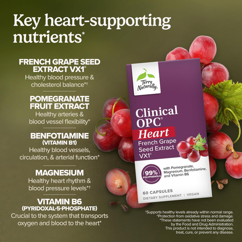 Terry Naturally Clinical OPC Heart - Artery Health & Circulation - 60 Count | French Grape Seed VX1, Clinical OPC. Heart Function, Circulation and Artery Health Support. 60 capsules. 60 Count (Pack of 1)