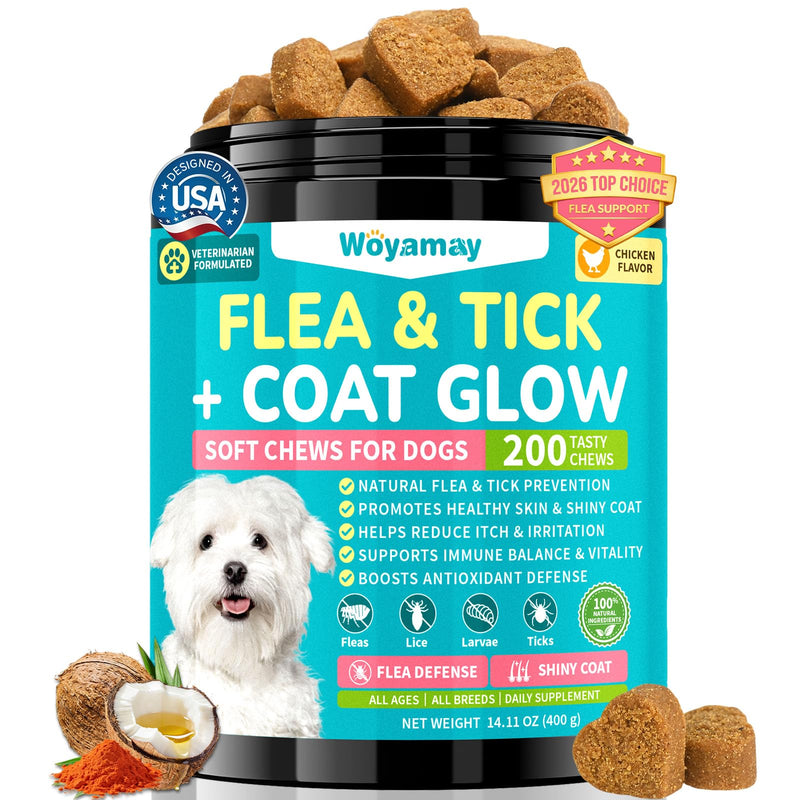 Woyamay Flea + Coat Glow Soft Chews, Natural Flea and Tick Prevention for Dogs, Dog Flea and Tick Treatment Chewable, Reduces Itch & Shedding with Fish Oil & Neem, Chicken Flavor