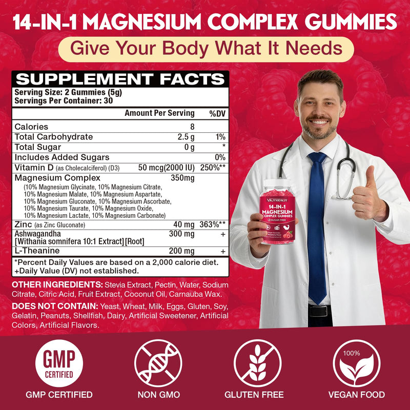 2 Pack Magnesium Complex Gummies – 14-in-1 Formula with Ashwagandha, L-Theanine, Vitamin D3 & Zinc, Vegan Raspberry Flavor, 120 Gummies