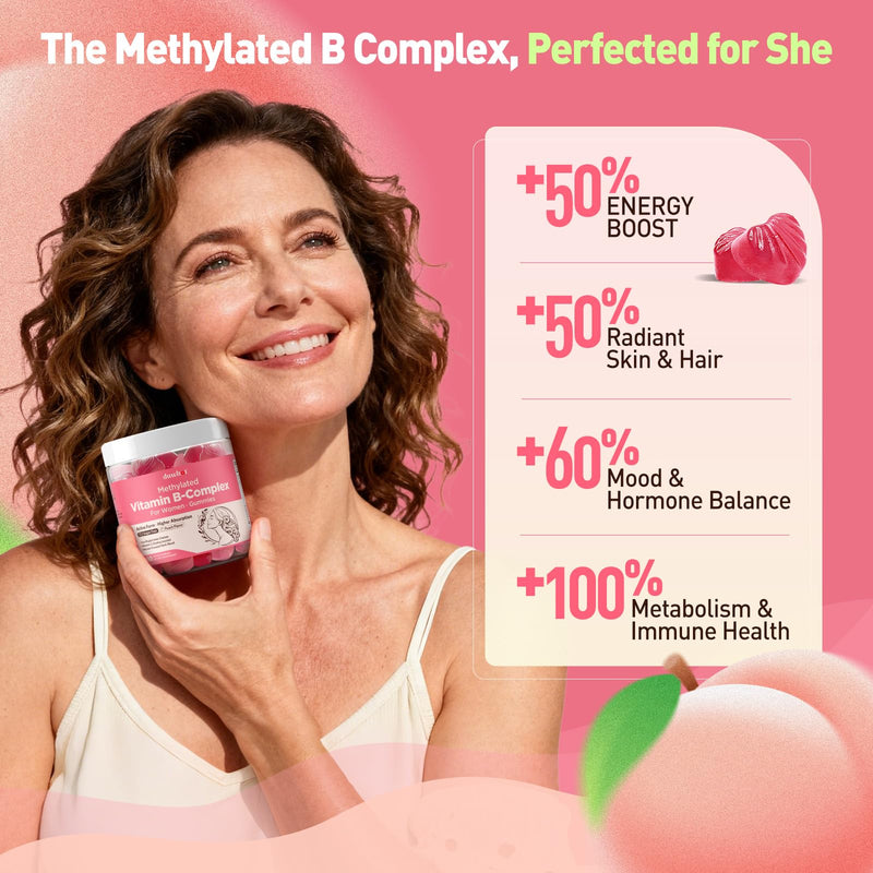 duwhot Methylated B Complex Gummies for Women & Teen Girls, with Iron 18mg | l Methylfolate and B12, Plus Organic Herbs for Stress Relief, Energy Support,Vegan,Non-GMO,Peach Flavor,60 Chewables