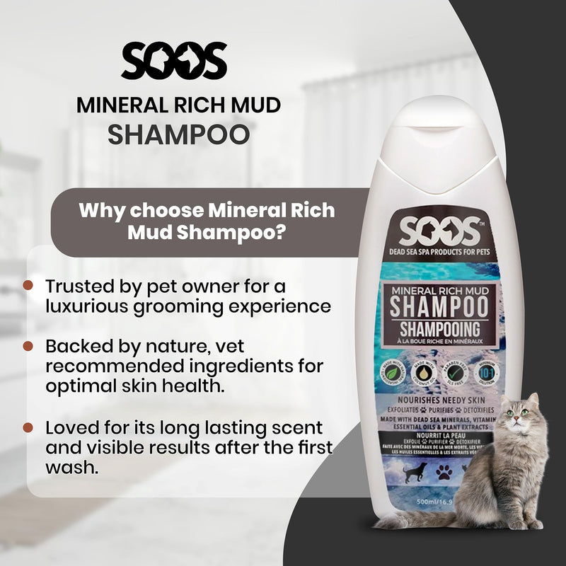 Soos Pet Dog Shampoo for Cats and Pets Mineral Rich Mud Natural Dead Sea Cruelty Free Fast Absorbing Skin Cooling First Aid Antib-acterial and Antif-ungal Odor Remover - 1x Pet Shampoo (500ml) - PawsPlanet Australia