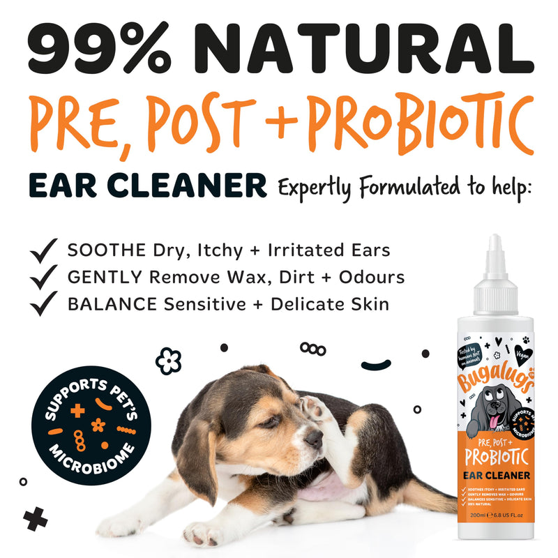 BUGALUGS Dog Ear Cleaner with Pro, Pre and Probiotics for dogs that helps soothe itchy ears, remove wax and odours plus dog ear drops support your dogs Microbiome (Probiotic Ear Cleaner 200ml) Probiotic Ear Cleaner 200ml
