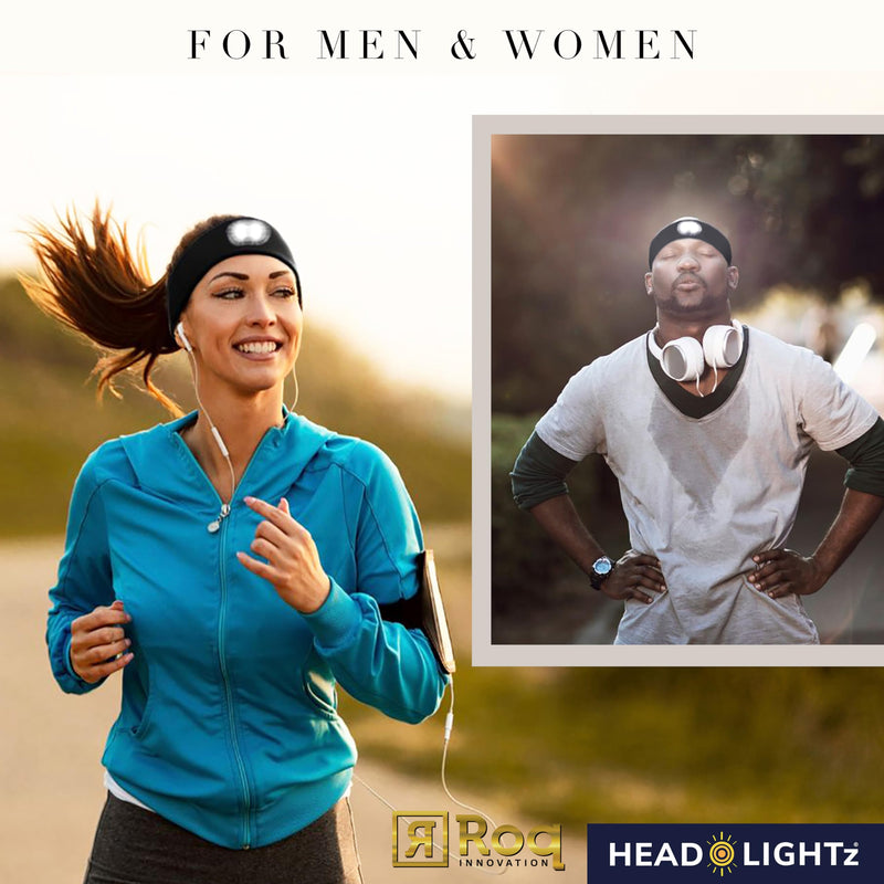 HEAD LIGHTZ by Roq Innovation - Flashlight Adjustable Padded Headband with Light - LED Headlamp - Headband Lights for Forehead - Unisex, Rechargeable, Black