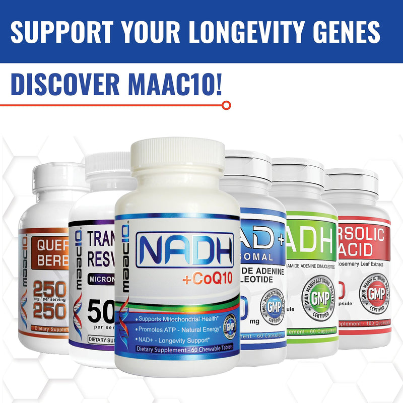 MAAC10 NADH + CoQ10 Supplement, Great Tasting Chewable Tablets, 60 Tablets | For Fatigue, Cellular Energy and Mental Focus, NAD+ Supplement with 50mg PANMOL® NADH + 100mg CoQ10, 30 Day Serving 60 Count (Pack of 1)