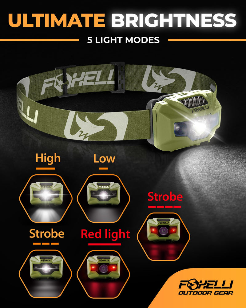 Foxelli Rechargeable LED Headlamp Bundle of 2 - Khaki & Forest: Ultralight Waterproof Head Lamp with Red Light for Running, Camping, Hiking & Outdoor - BeesActive Australia