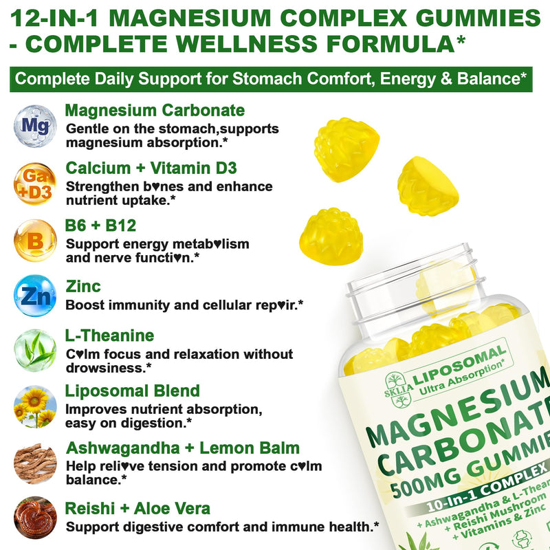 Liposomal Magnesium Carbonate Gummies 500 mg, Muscle & Nerve Support, 60cts | with Ashwagandha, L-Theanine, Calcium & Vitamin D3, Sugar-Free Vegan Pineapple Flavor, 1P 60 Count (Pack of 1)