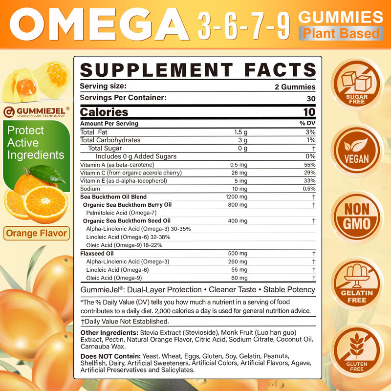 Omega 3-6-7-9 Gummies, Sea Buckthorn Oil 1200MG, Flaxseed Oil 500MG, 120Cts | Organic Omega 7 Supplement w/Vitamin A, C, E, Fatty Acids, No Fish Taste, Supports Skin, Eye, Immune, Brain Health, Vegan 60 Count (Pack of 2)