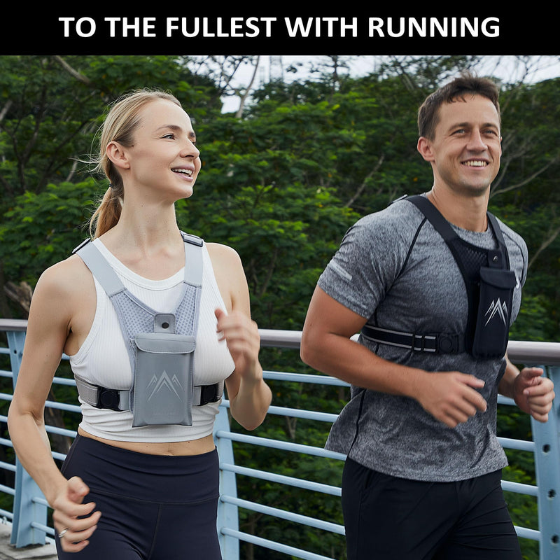REVALI Running Vest for Men Women, USA Patent, Ultralight Reflective Running Vest Phone Holder Chest Pack for Hiking Cycling Black