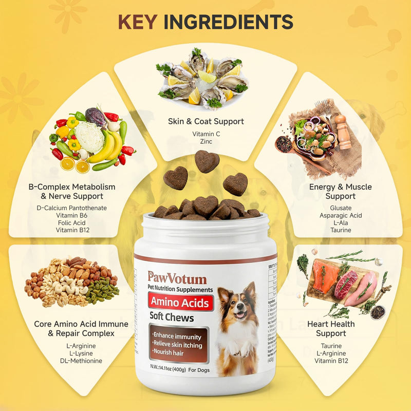 Amino Acids for Dogs,Dog Vitamins and Supplements, Support Immunity, Digestion, Skin & Coat, Muscle Health, Contains Lysine, DL-Methionine and Taurine