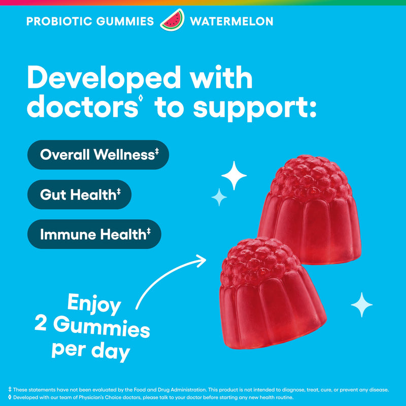 Physician's CHOICE Probiotic Gummies with Vitamin D & Prebiotic Fiber - Sugar Free - 1B CFUs of Clinically Studied Probiotic - Supports Immune & Gut Health for Women & Men - Watermelon Flavor - 90CT 90 Count (Pack of 1)
