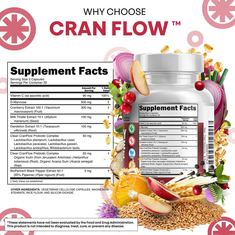 Cran Flow Cranberry Pills for Urinary Health D-Mannose Milk Thistle Dandelion Inulin Vitamin C Prebiotics and Probiotics Bladder Support By Clean Nutra