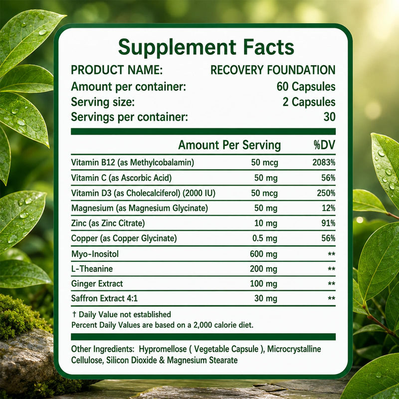 Zafira Organic Recovery Foundation Support, Organic Saffron Extract, Myo-Inositol, Ginger Root, Magnesium, Vitamins D3, B12 & C, Vegan Non-GMO Daily Wellness Supplement for Men & Women, 60 Count.