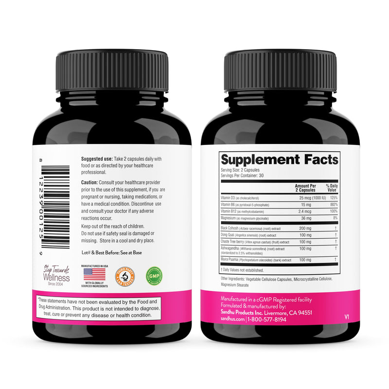 Menopause Support Supplements for Women, Black Cohosh Ashwagandha 120 Count | Vitamins D3, B6, B12, Magnesium, Dong Quai, Chaste Tree Berry, Gluten-Free Capsules, Made In USA Supplement By Sandhu's #1 Menopause Support 60 Count (Pack of 2)