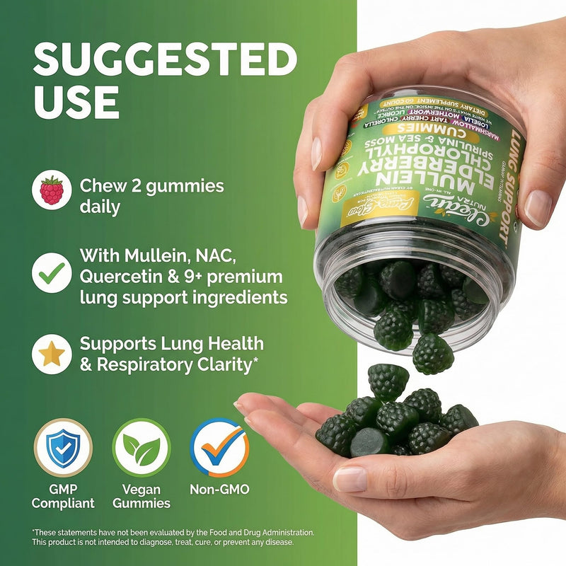 Clean Nutra Mullein Gummies for Lung Health Support with Elderberry Chlorophyll Spirulina Tart Cherry Sea Moss Vitamin C Lutein Marshmallow Root Licorice Root Superfood Greens Mucus Relief 60 Gummies