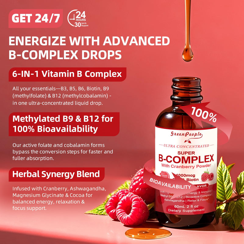 GREENPEOPLE Methylated Vitamin B Complex Liquid, Vegan, 2 Pack Raspberry | Methyl B12 & L-Methyl Folate with 6 Active B Vitamins, Magnesium, Ashwagandha for Energy Metabolism, Immune & Cognitive 2 Fl Oz (Pack of 2)