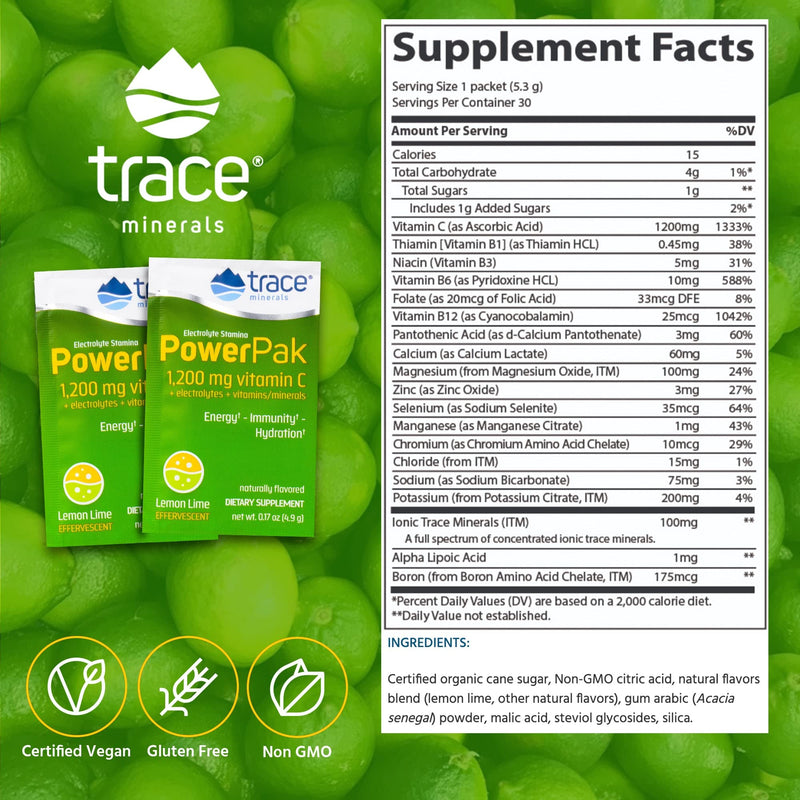 Trace Minerals Power Pak Electrolyte Drink Mix, Lemon Lime, 30 Packets | 1,200 mg vitamin C per serving with zinc and magnesium. Promotes immunity and supports hydration. No artificial dyes.