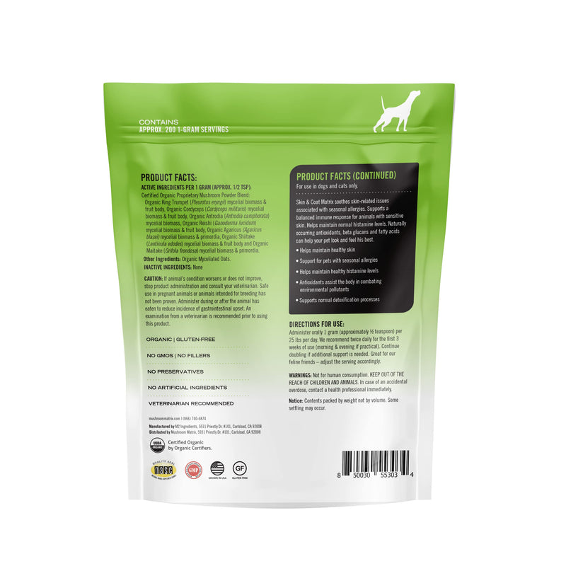 Om Mushroom Matrix Pet - Canine | Skin & Coat | USA Grown Human-Grade Organic Mushroom Powder Pet Supplement | Seasonal Allergy Skin & Coat Support for Dogs & Cats | 200 Grams, 7.1 oz 200 gram pouch - PawsPlanet Australia