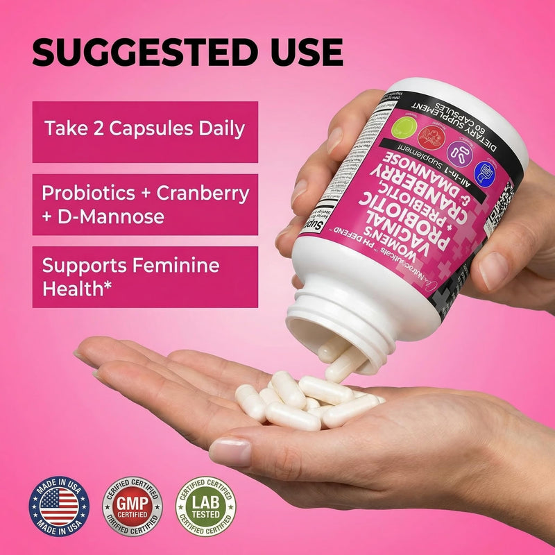 Clean Nutraceuticals Vaginal Probiotics for Women with Cranberry, D-Mannose, Prebiotics, pH Balance Support, Feminine Health, Urinary Tract Cleanse – Capsule Alternative to Gummies – 60 Count 1