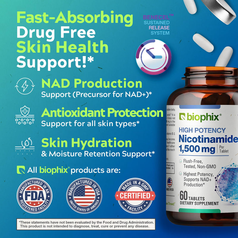biophix B-3 Nicotinamide 1500 mg 60 Tablets Maximum Strength - Nicotinic Amide Niacin Natural Flush-Free Vitamin Formula - Supports Skin Cell Health