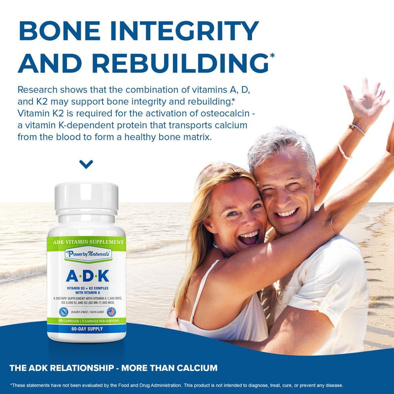 Power By Naturals ADK Vitamin Supplement - Vitamins A, D3 & K2 MK-7 | Vitamins D3 5000 IU & K2 MK-7 for Bone Health & Immune Support - Calcium Absorption - Gluten-Free, Soy-Free - 60ct (2-Month) 1