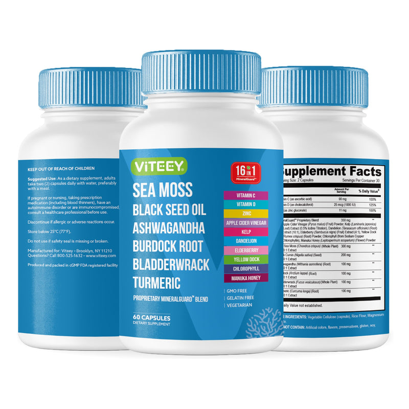 Viteey Sea Moss Capsules with Black Seed Oil - 16in1 MineralGuard | Irish Sea Moss Supplement with Bladderwrack, Burdock Root & Ashwagandha – Immune & Mineral Support - 60 Capsules