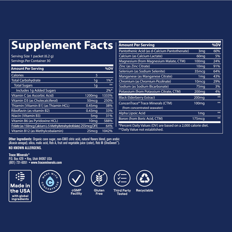 Trace Minerals Power Pak Energy Drink Mix, Tropical Watermelon, 30 Ct | 1,200 mg vitamin C with zinc and magnesium. Promotes immunity, energy, and hydration. No artificial dyes. Stick Packs