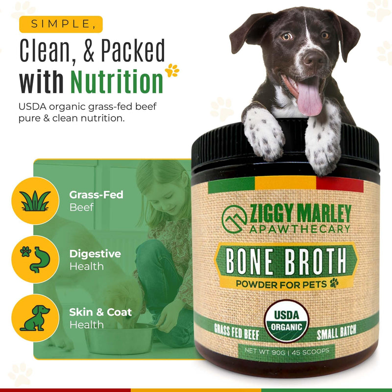 Ziggy Marley's USDA Organic Beef Bone Broth Powder for Dogs & Cats - Support Joints, Coat, and Skin - Human Grade Grass Fed Beef, 90 Grams 90 Grams Jar