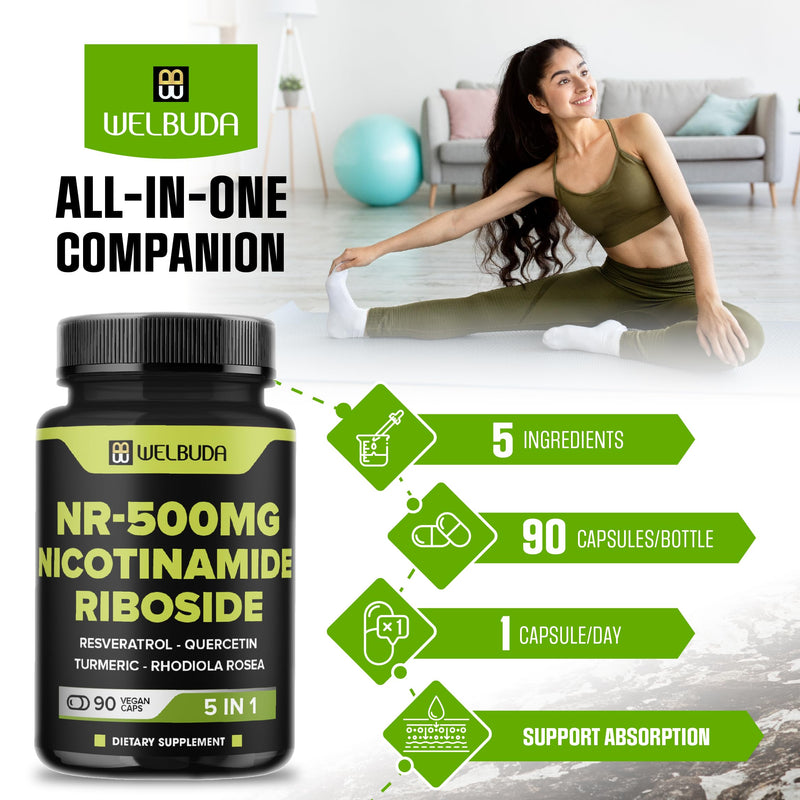 WELBUDA 5in1+ Nicotinamide Riboside Supplement with Resveratrol, Quercetin, Turmeric, Rhodiola Rosea - 90 Count for 90 Days
