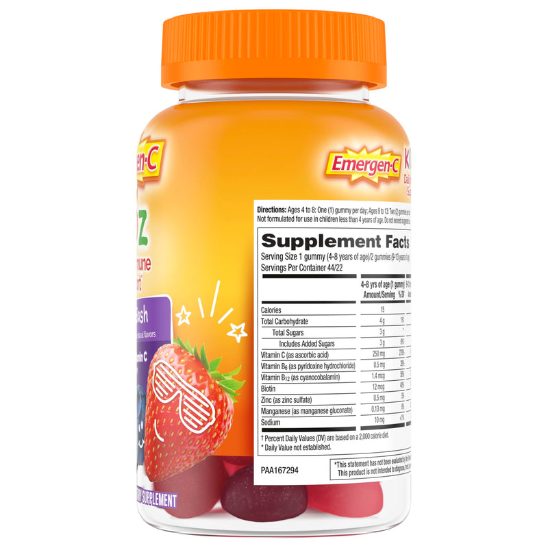 Emergen-C Kidz Vitamin C 250mg Gummies, Immune Support, Berry, 44 Gummies | B Vitamins for Energy, Gluten Free, Caffeine Free, Naturally Flavored, Kids Approved Berry Gummies Berry Bash 44 Count (Pack of 1)
